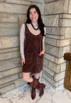 Brown corduroy scoop neck overall dress front patch pockets short lenth