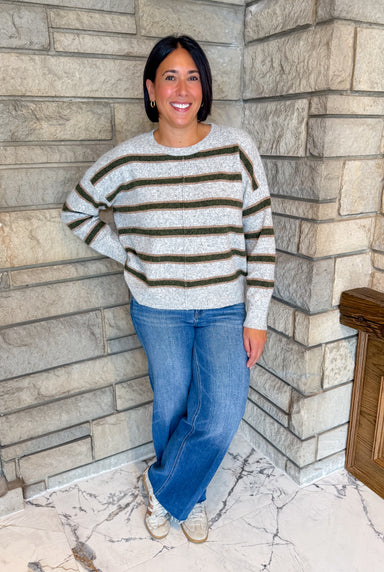heather grey with olive stripes crew neck sweater