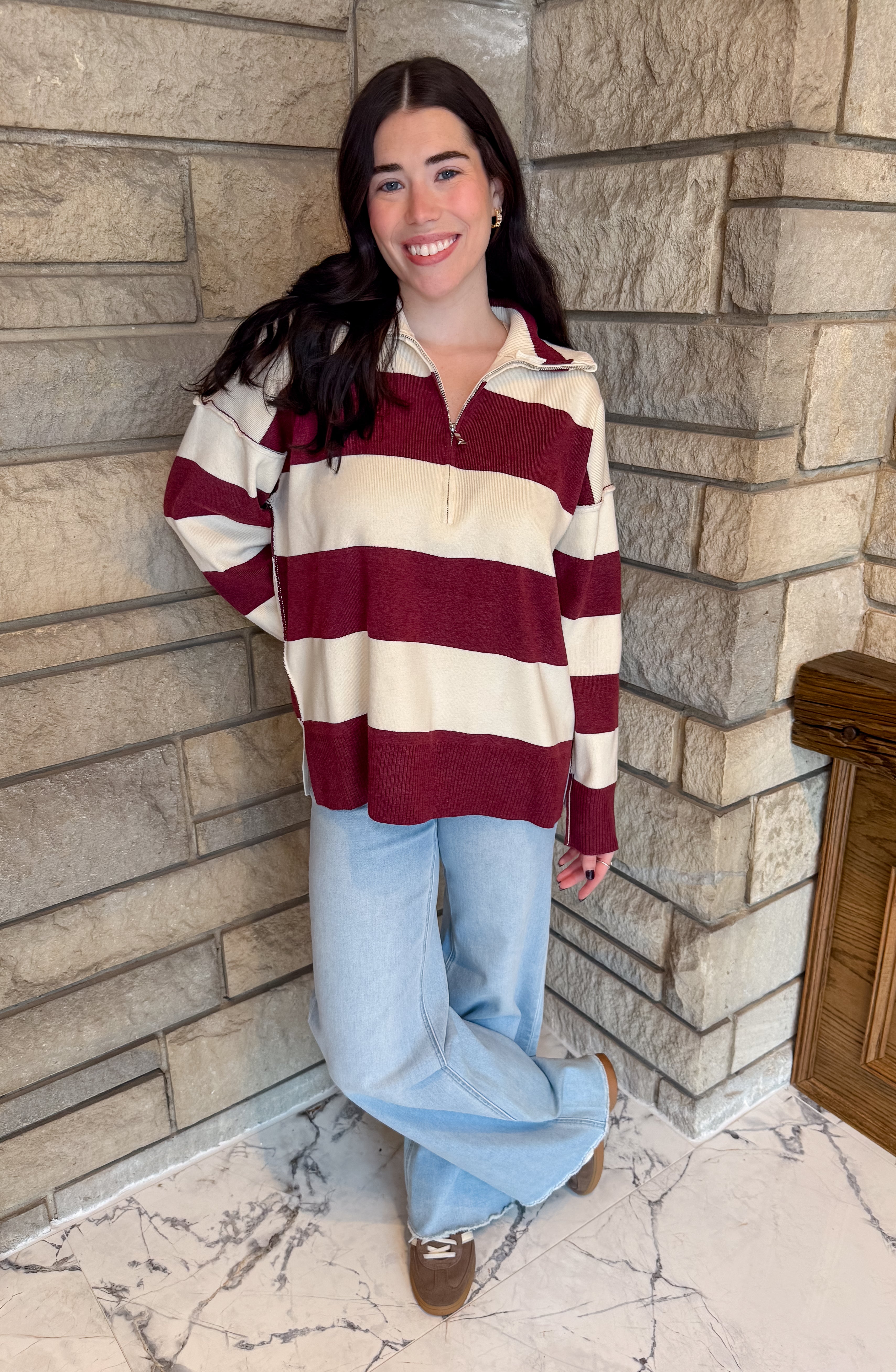 Burgundy/ivory wide striped 1/4 zip sweater collar neckline or zip turtle neck