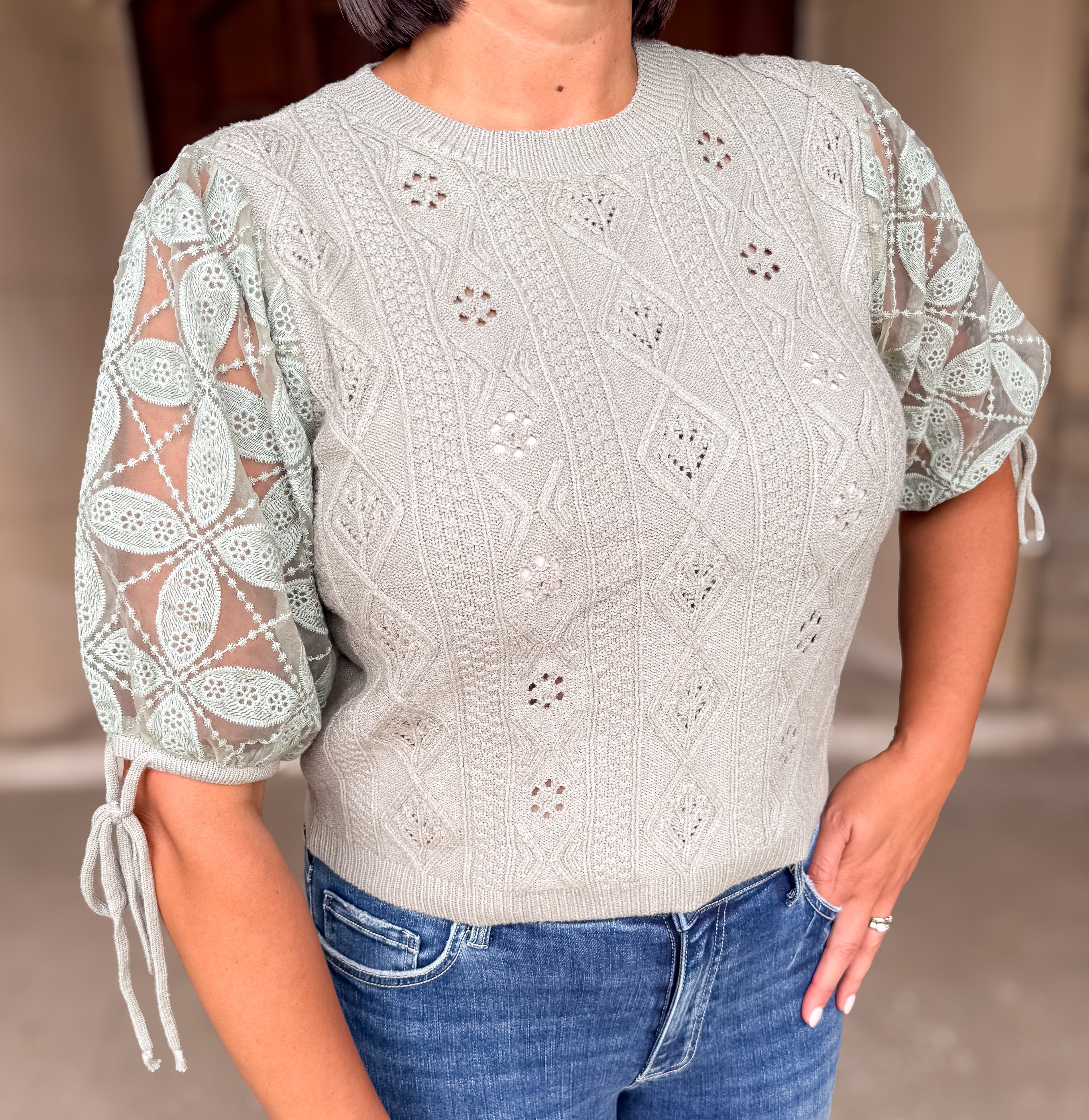Opal Eyelet Sheer Sleeve Sweater FINAL SALE