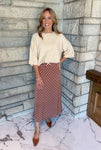 light brown satin midi skirt with ivory polka dots and small bow at waistline