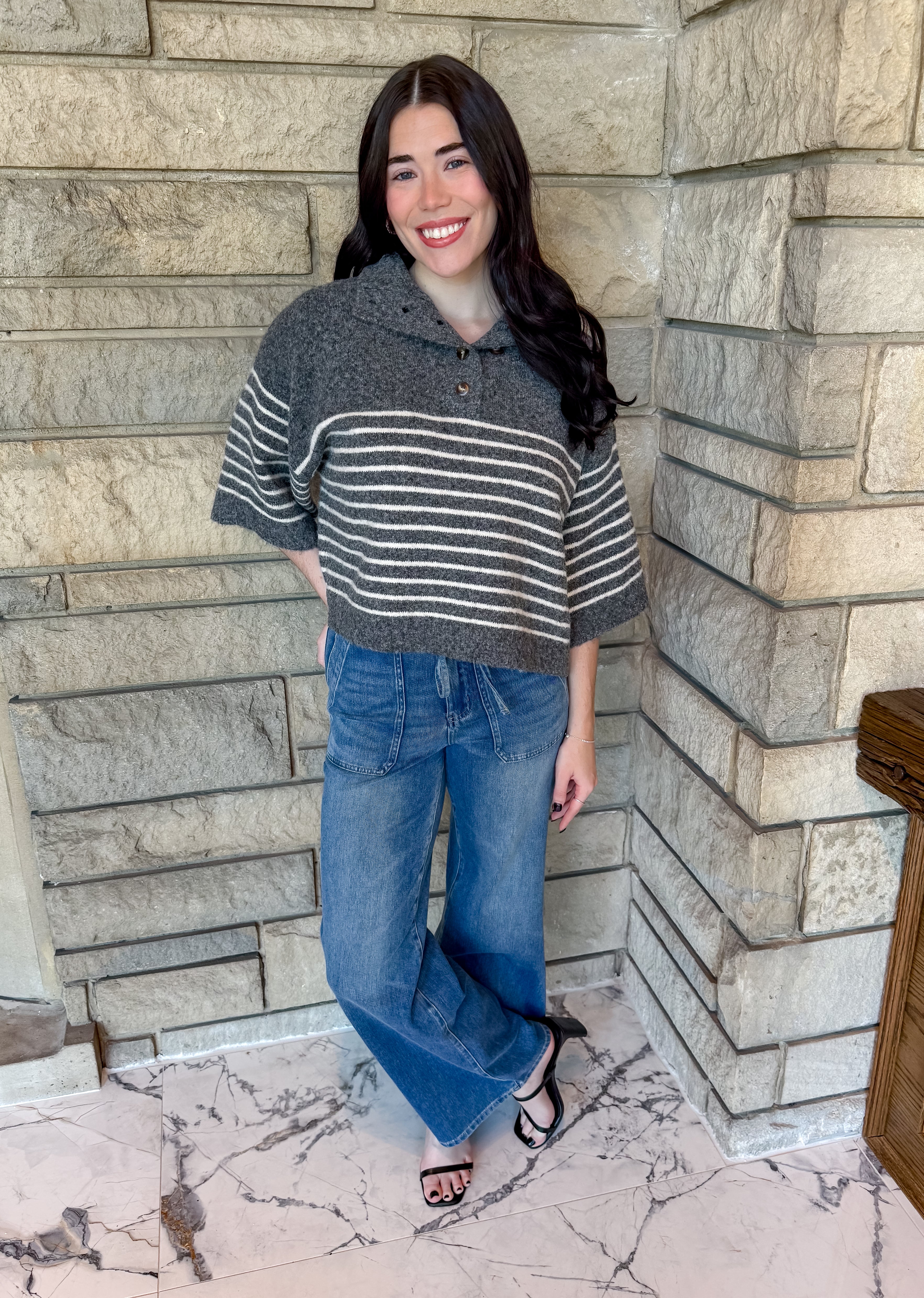 Greer Striped Button Mock Sweater