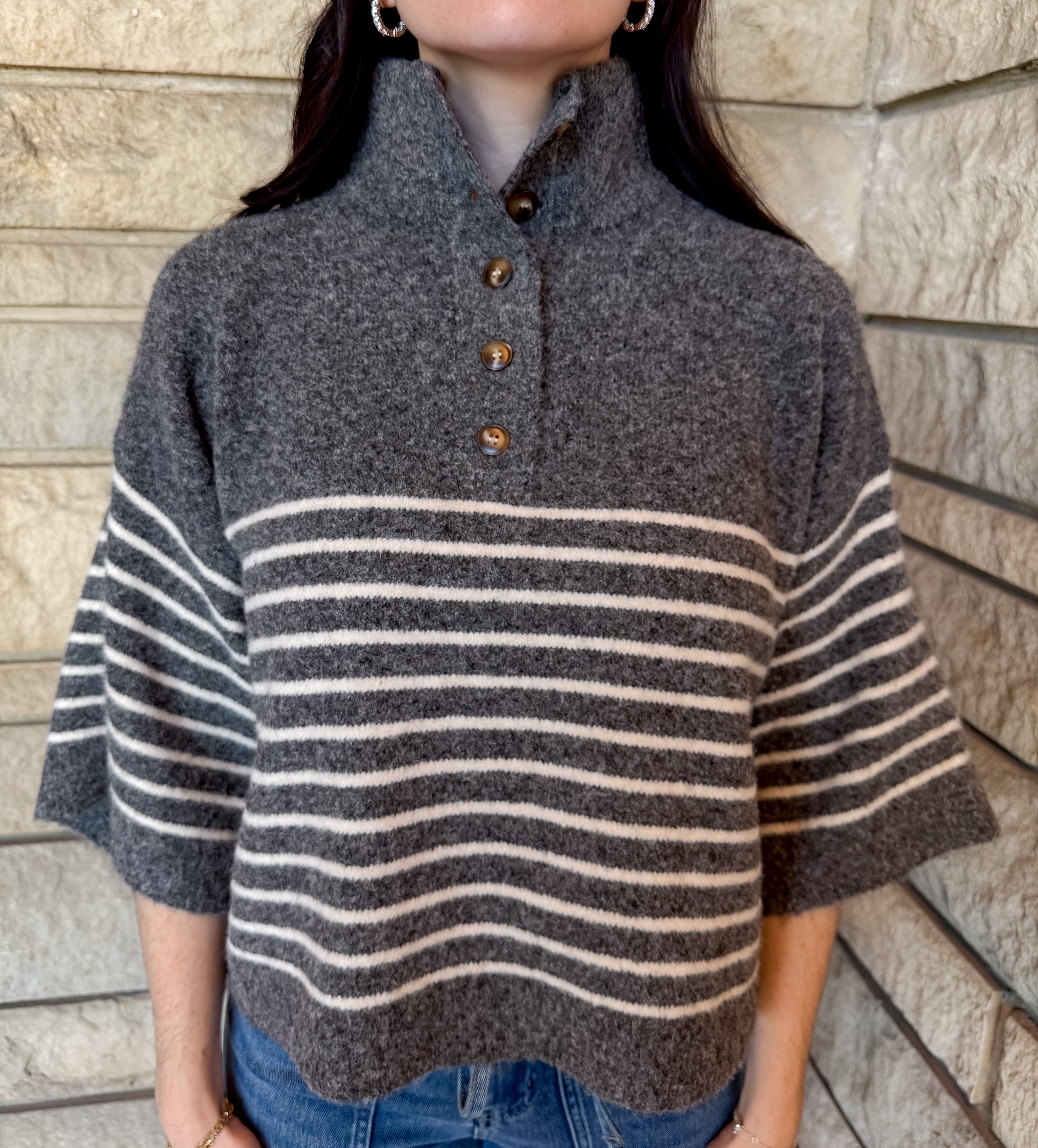 Greer Striped Button Mock Sweater