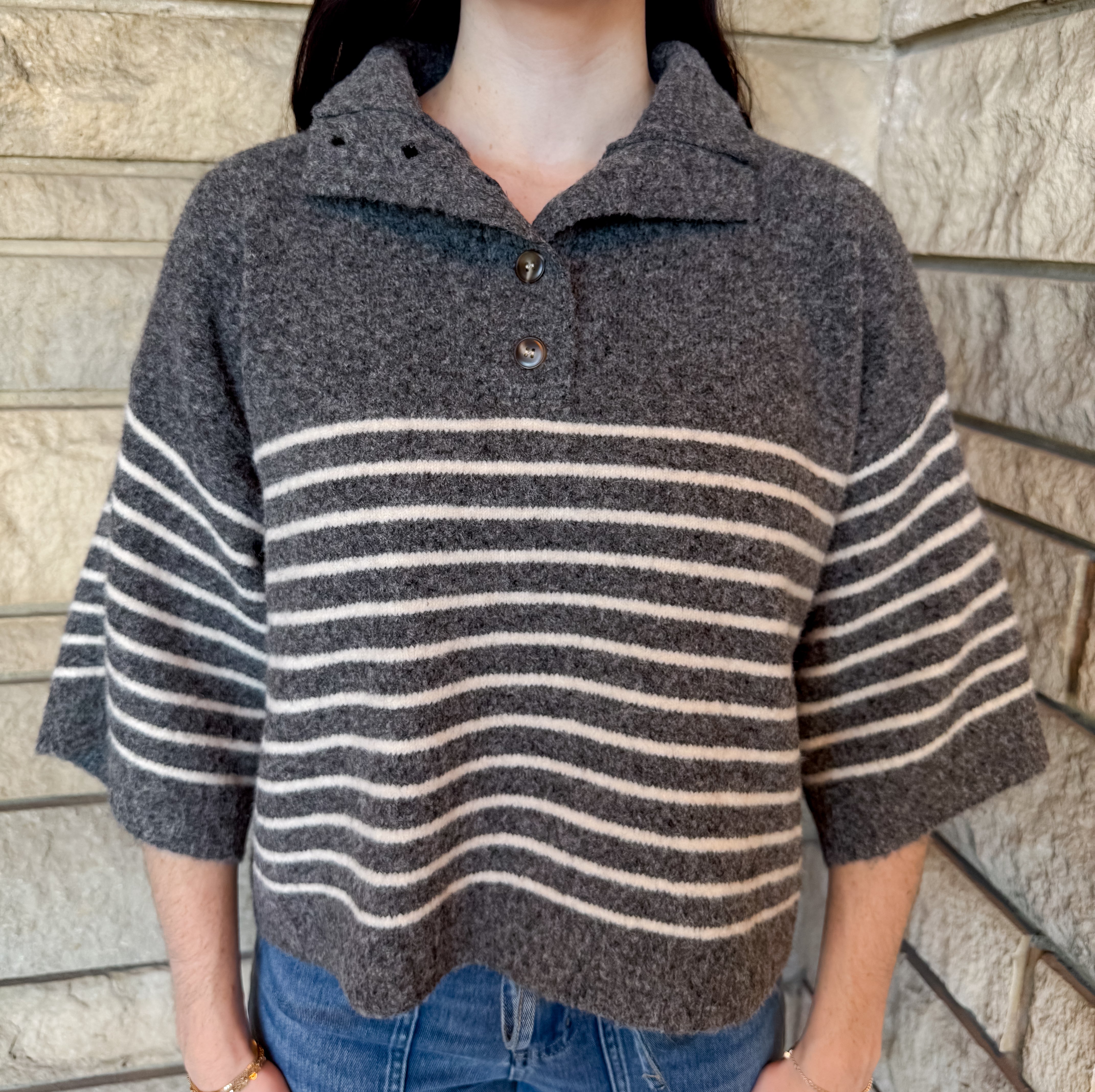 Greer Striped Button Mock Sweater