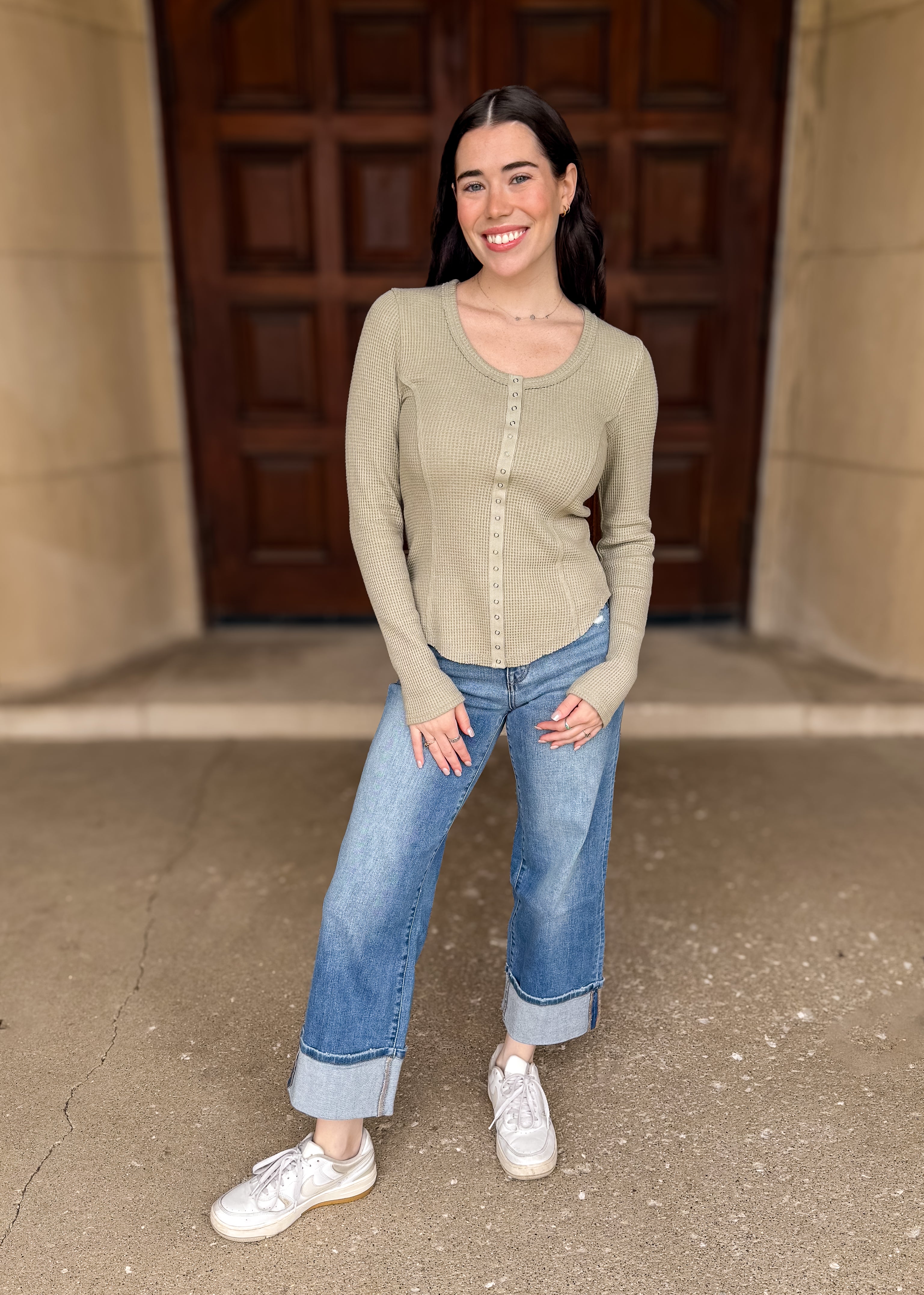 Lettie Snap Front Henley Topo