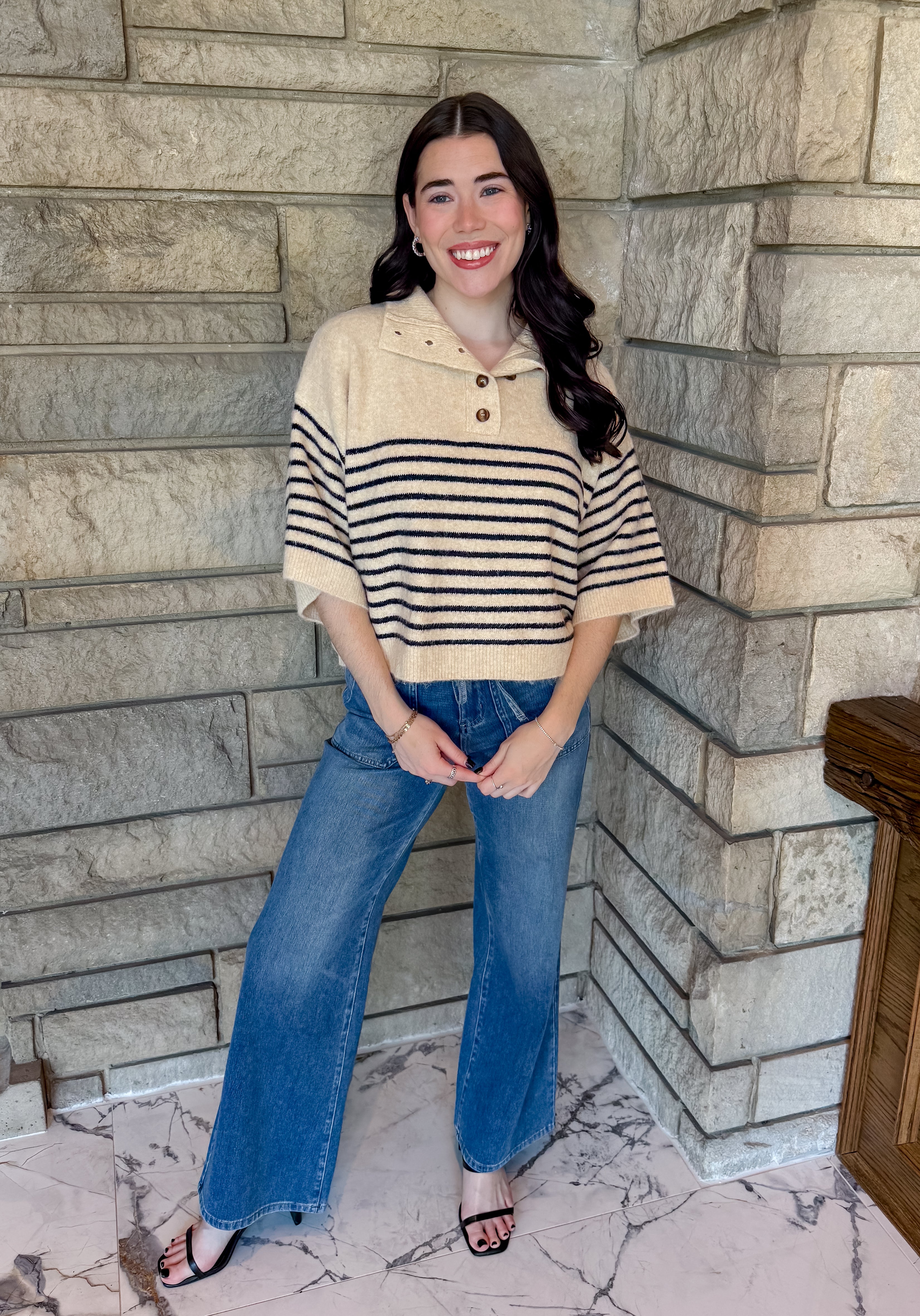 Ecru with black striped sweater buttons half sleeves boxy fit