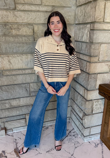 Ecru with black striped sweater buttons half sleeves boxy fit