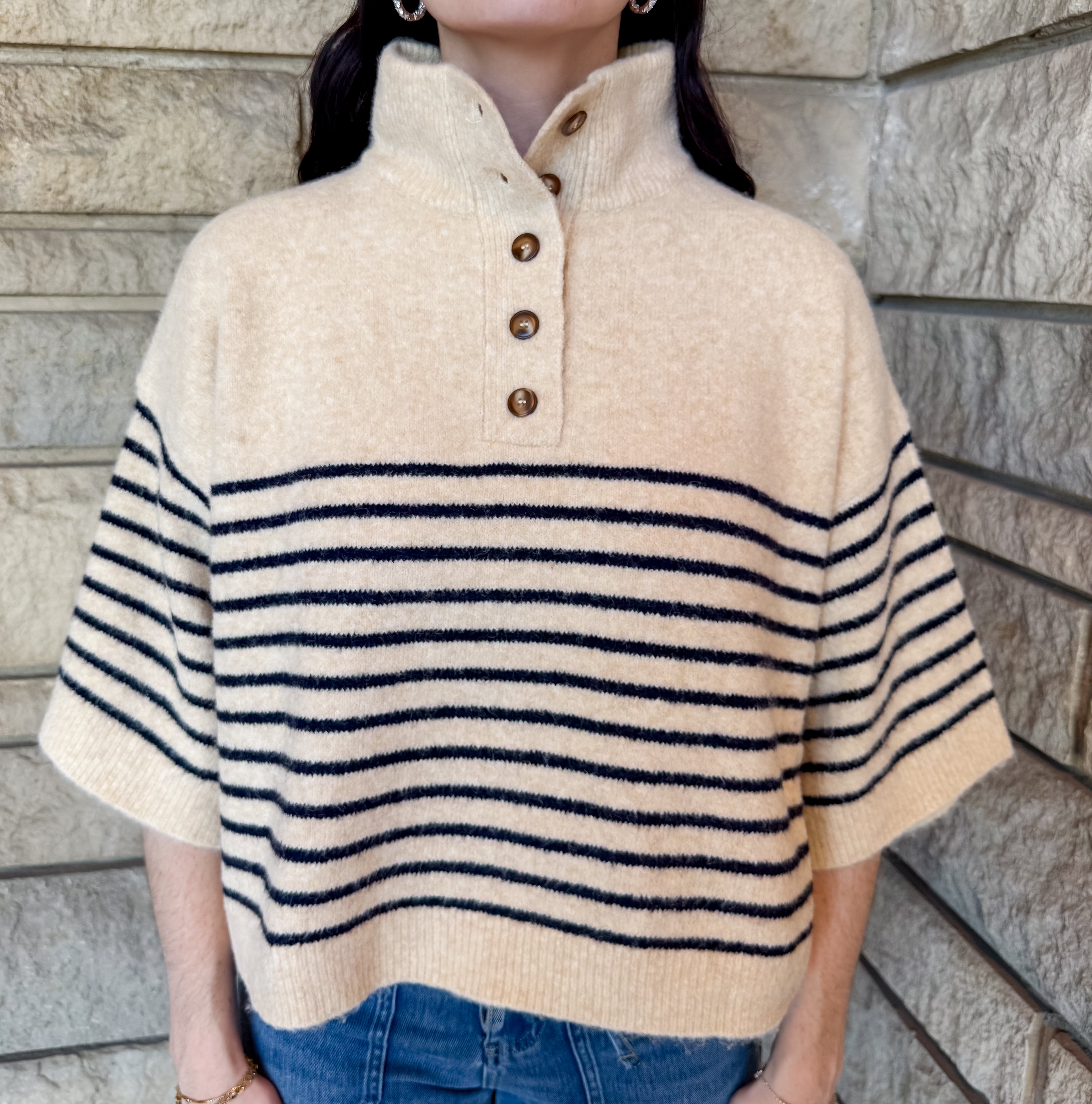 Greer Striped Button Mock Sweater