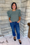 Hunter green with white stripes round neck puff sleeves top
