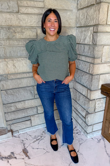 Hunter green with white stripes round neck puff sleeves top