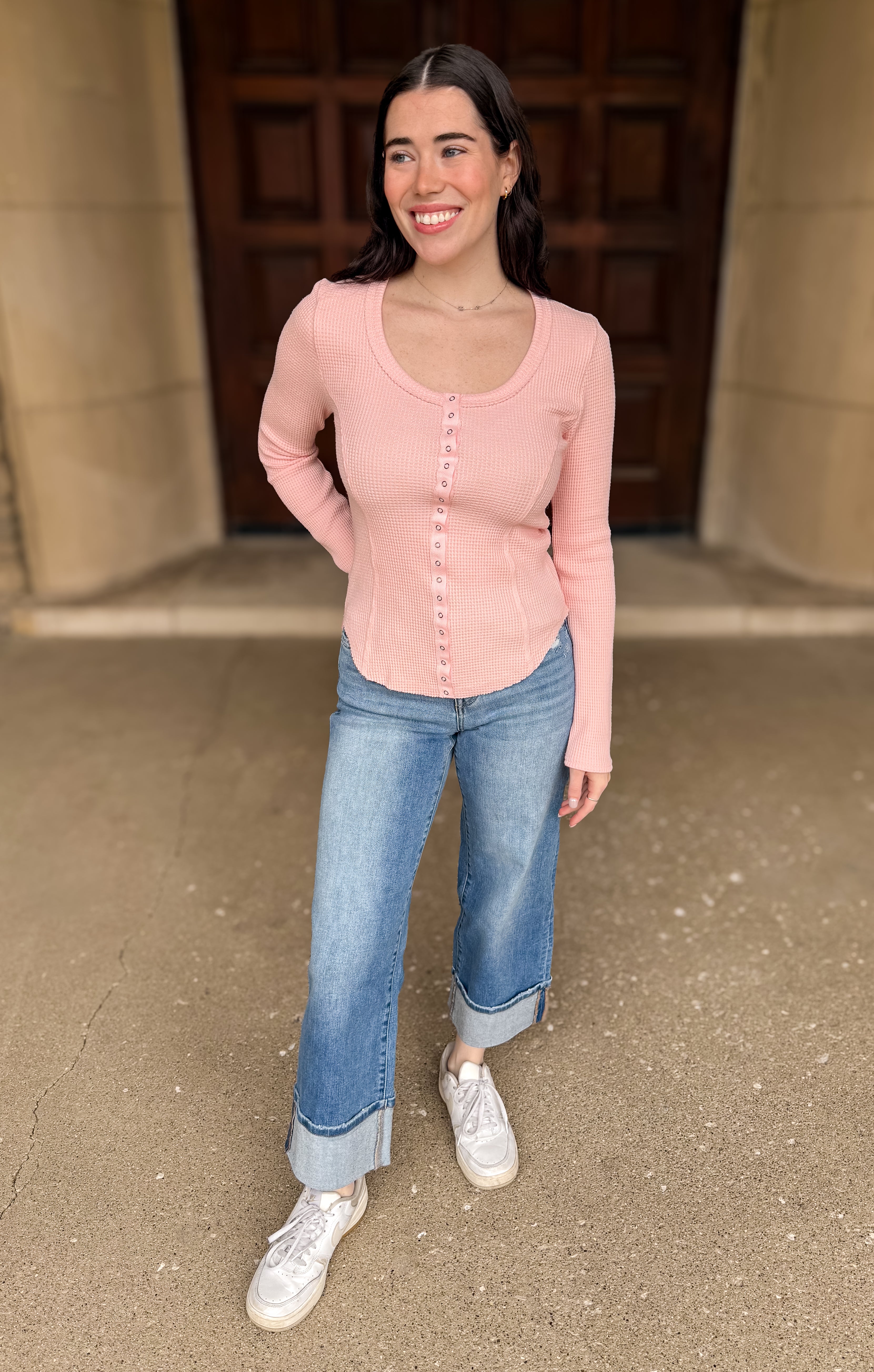 Lettie Snap Front Henley Topo