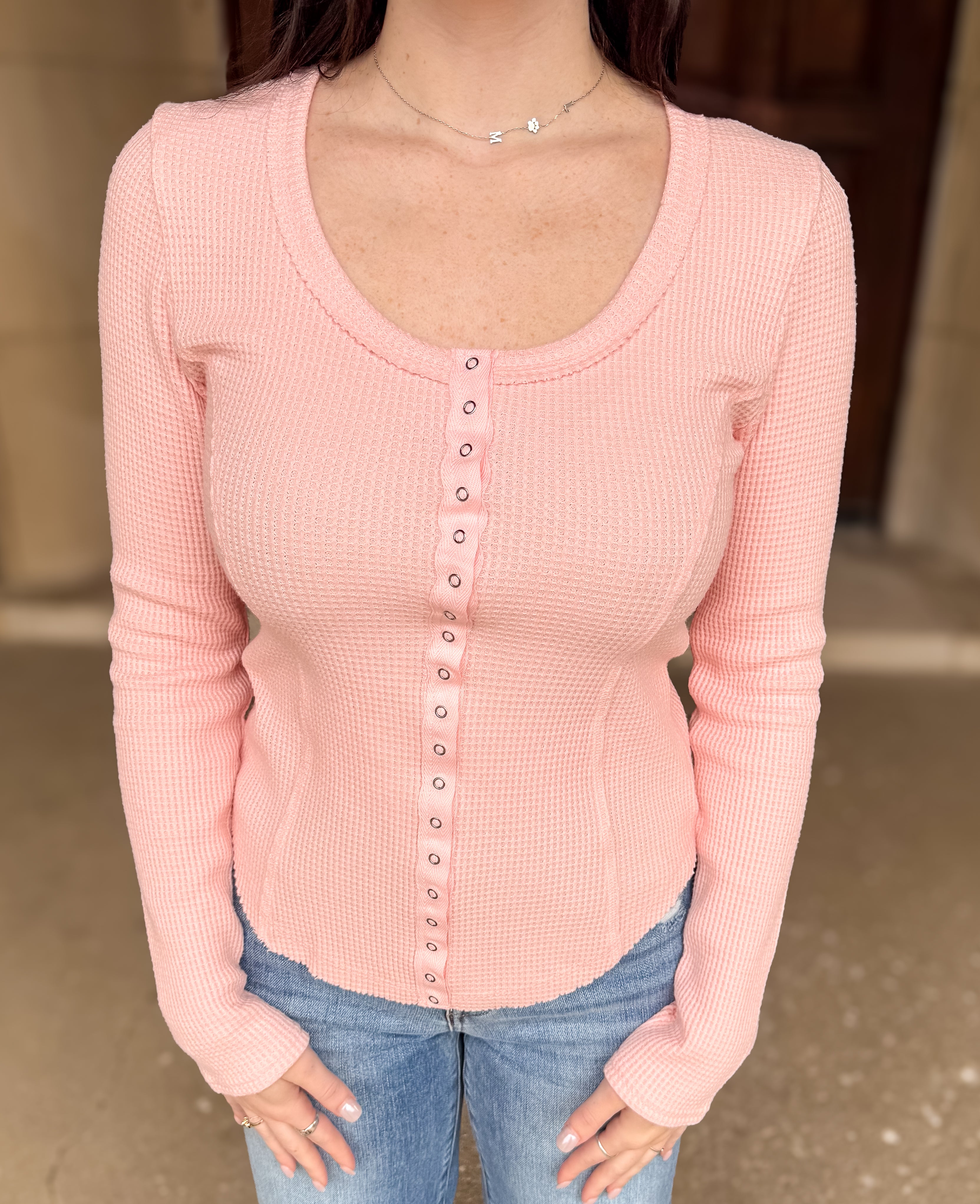 Lettie Snap Front Henley Topo