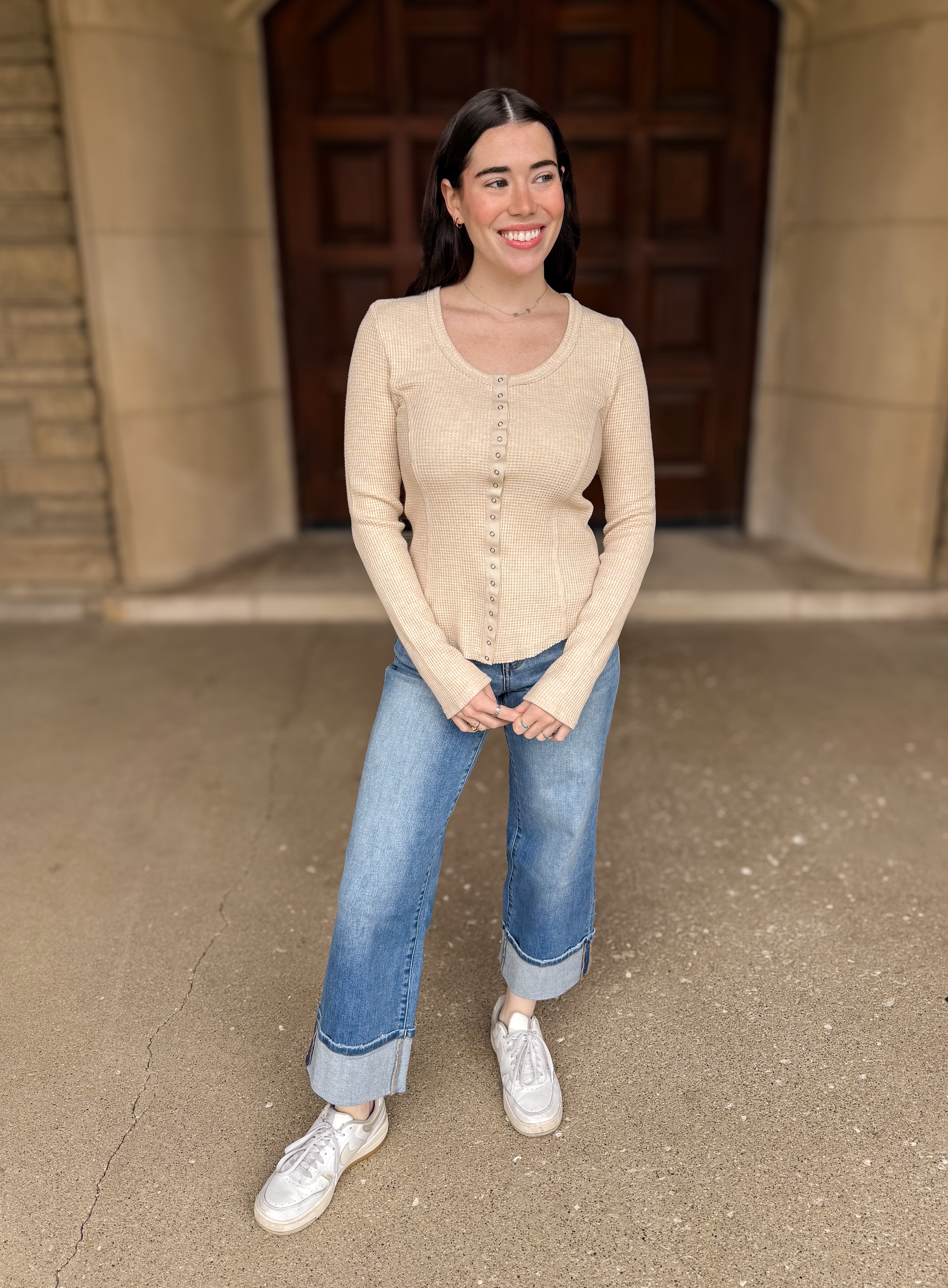 Lettie Snap Front Henley Topo