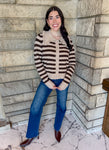 Oatmeal and Brown striped button cardigan with peter pan collar with ruffle trim