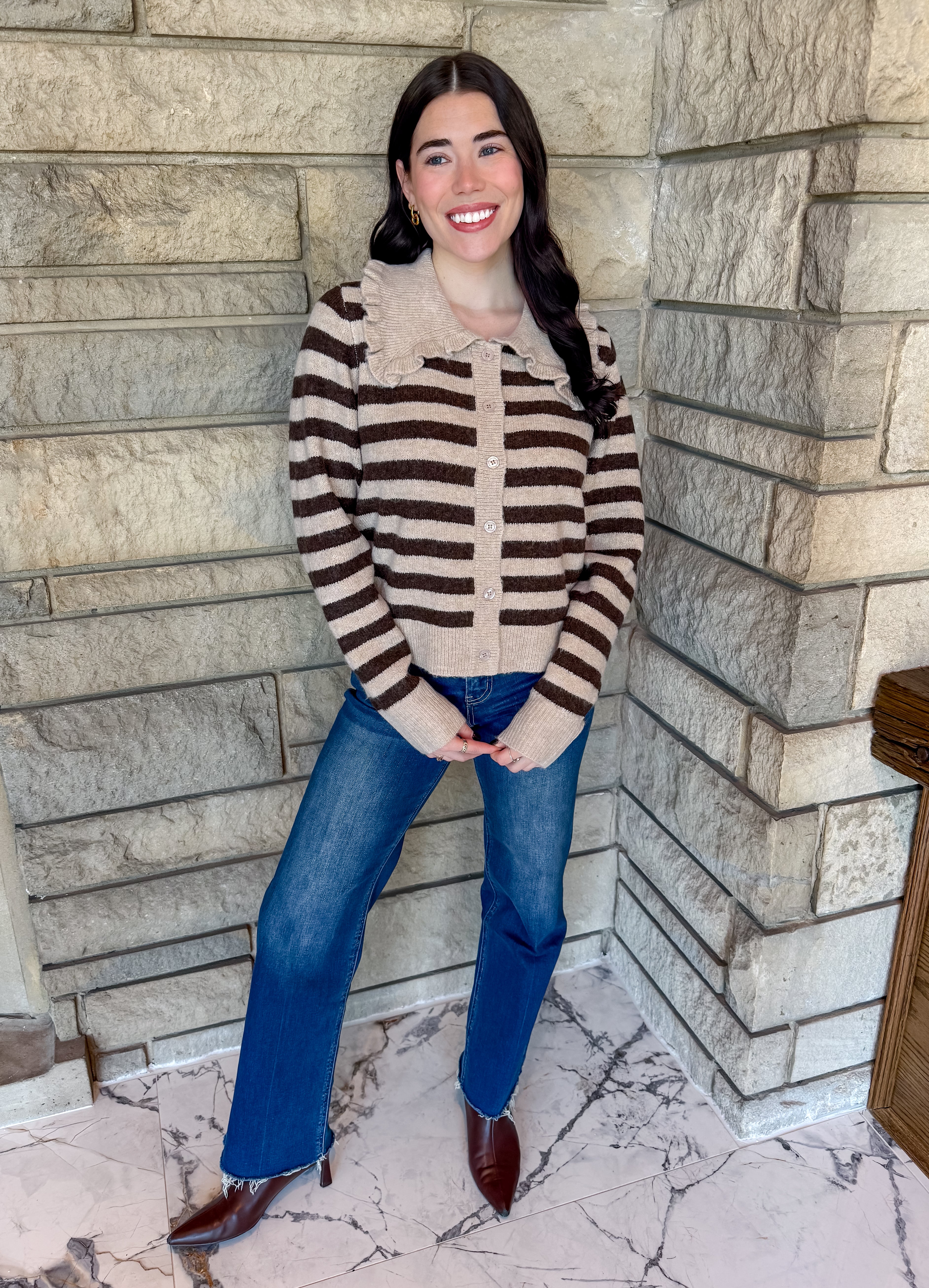 Oatmeal and Brown striped button cardigan with peter pan collar with ruffle trim