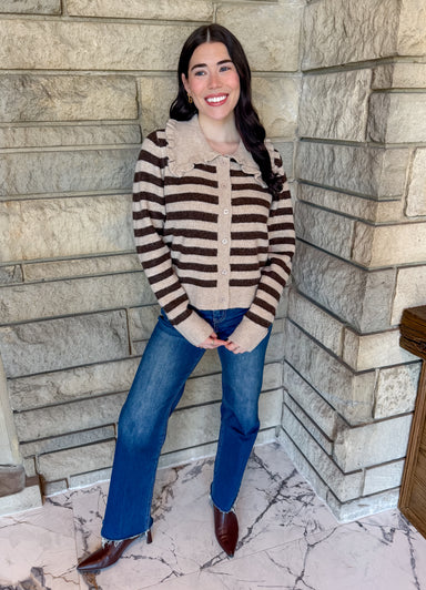 Oatmeal and Brown striped button cardigan with peter pan collar with ruffle trim