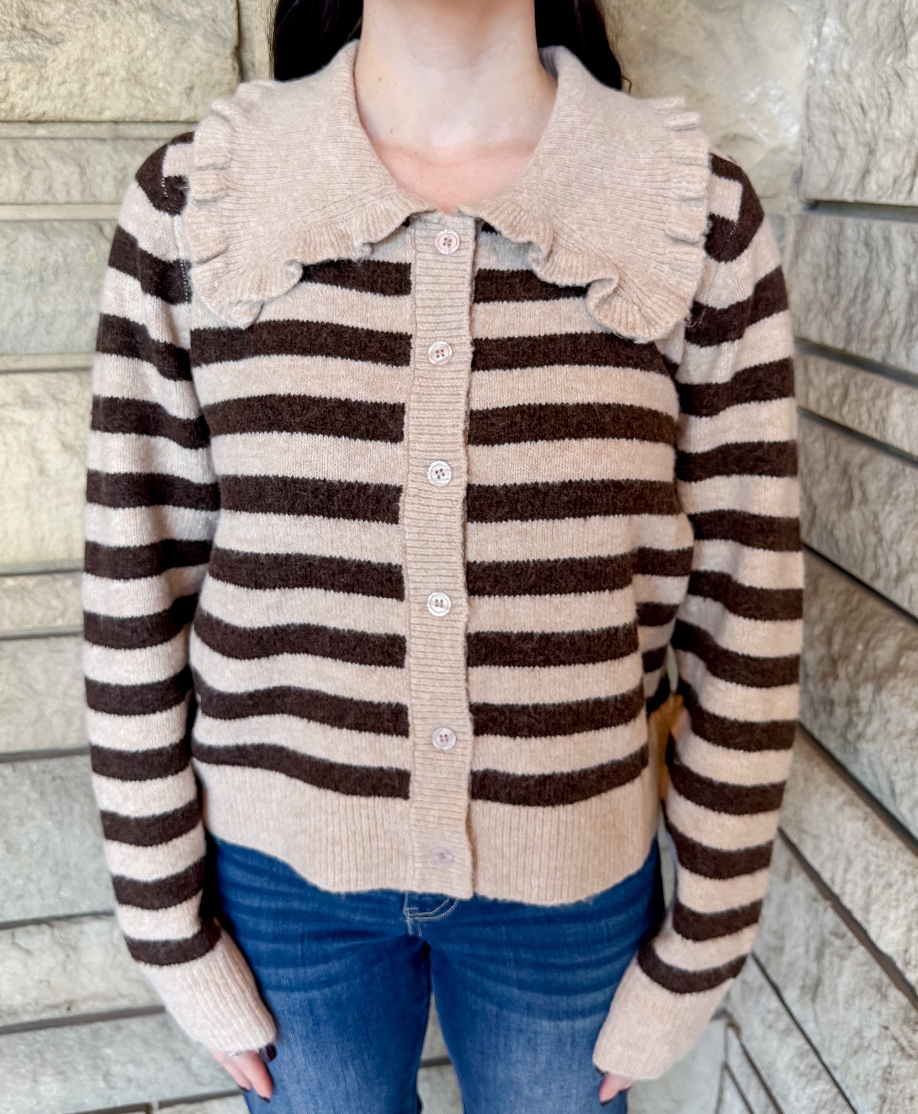 Delta Striped Ruffle Collar Cardigan