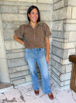 Light brown fine corduroy button shirt with collar and short puff sleeves