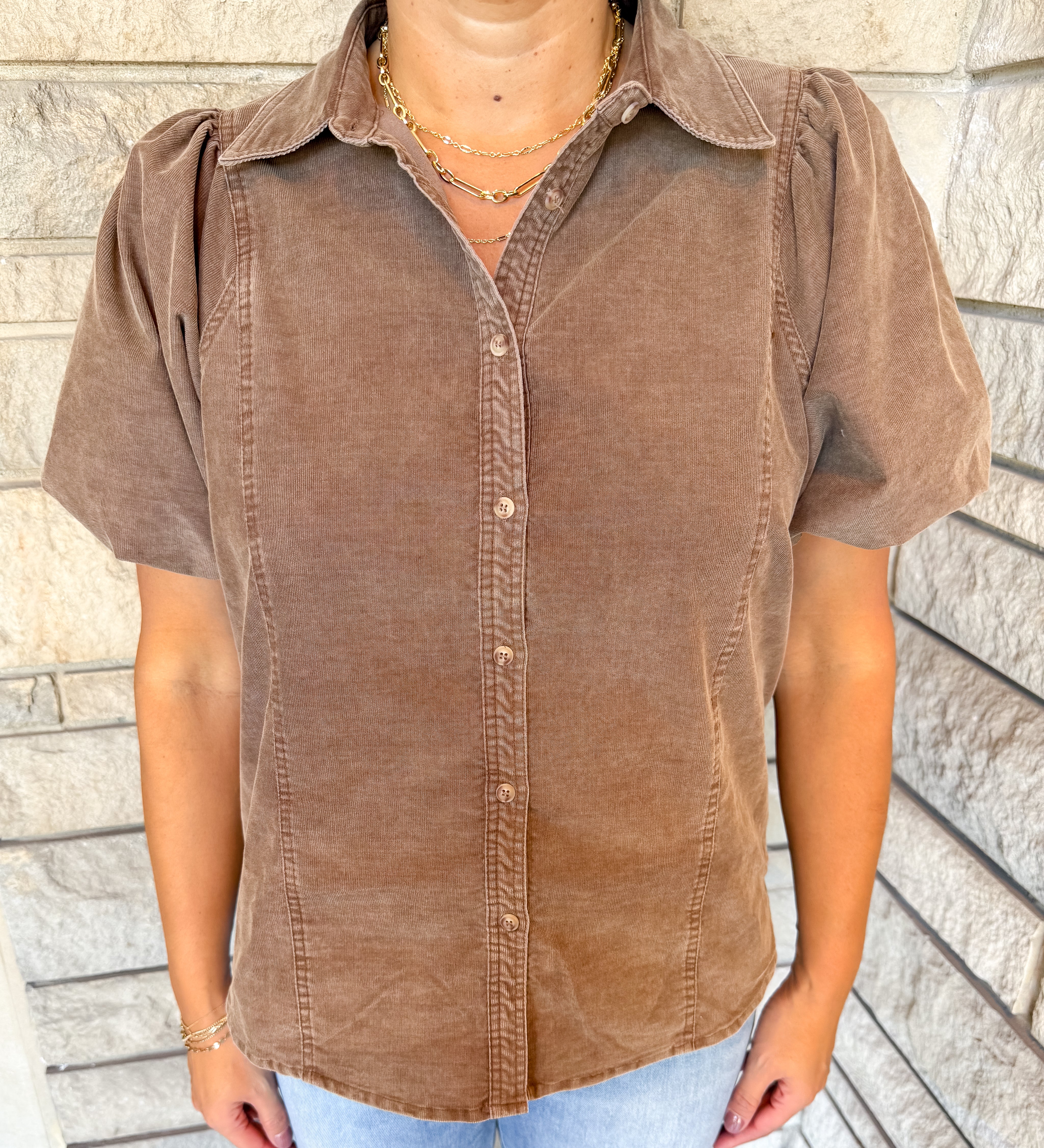 Susanna Corduroy Bubble Slv Button Top