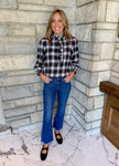 Brown, black and white plaid top 3/4 balloon sleeves, mini ruffle trim on neckline and buttons