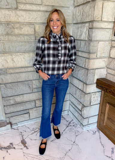 Brown, black and white plaid top 3/4 balloon sleeves, mini ruffle trim on neckline and buttons