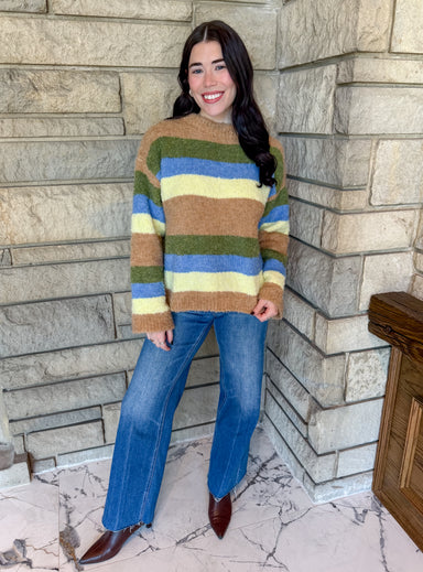 Bold striped sweater mocha, green, light blue and yellow stripes, crew neck, loose fit
