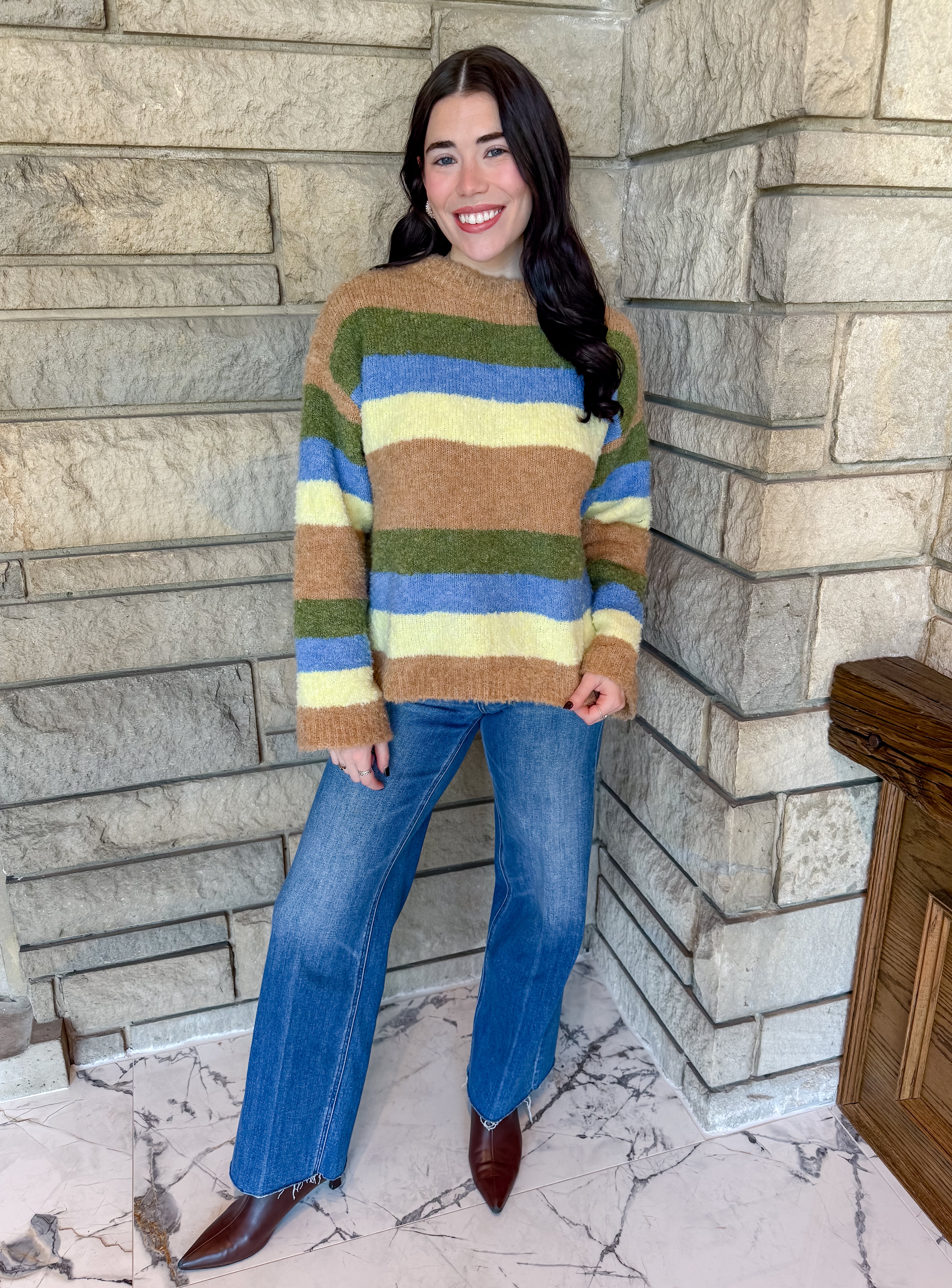 Bold striped sweater mocha, green, light blue and yellow stripes, crew neck, loose fit