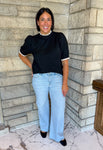 Contrast lace ruffle neck short sleeve sweater contrast lace cuff black with natural 