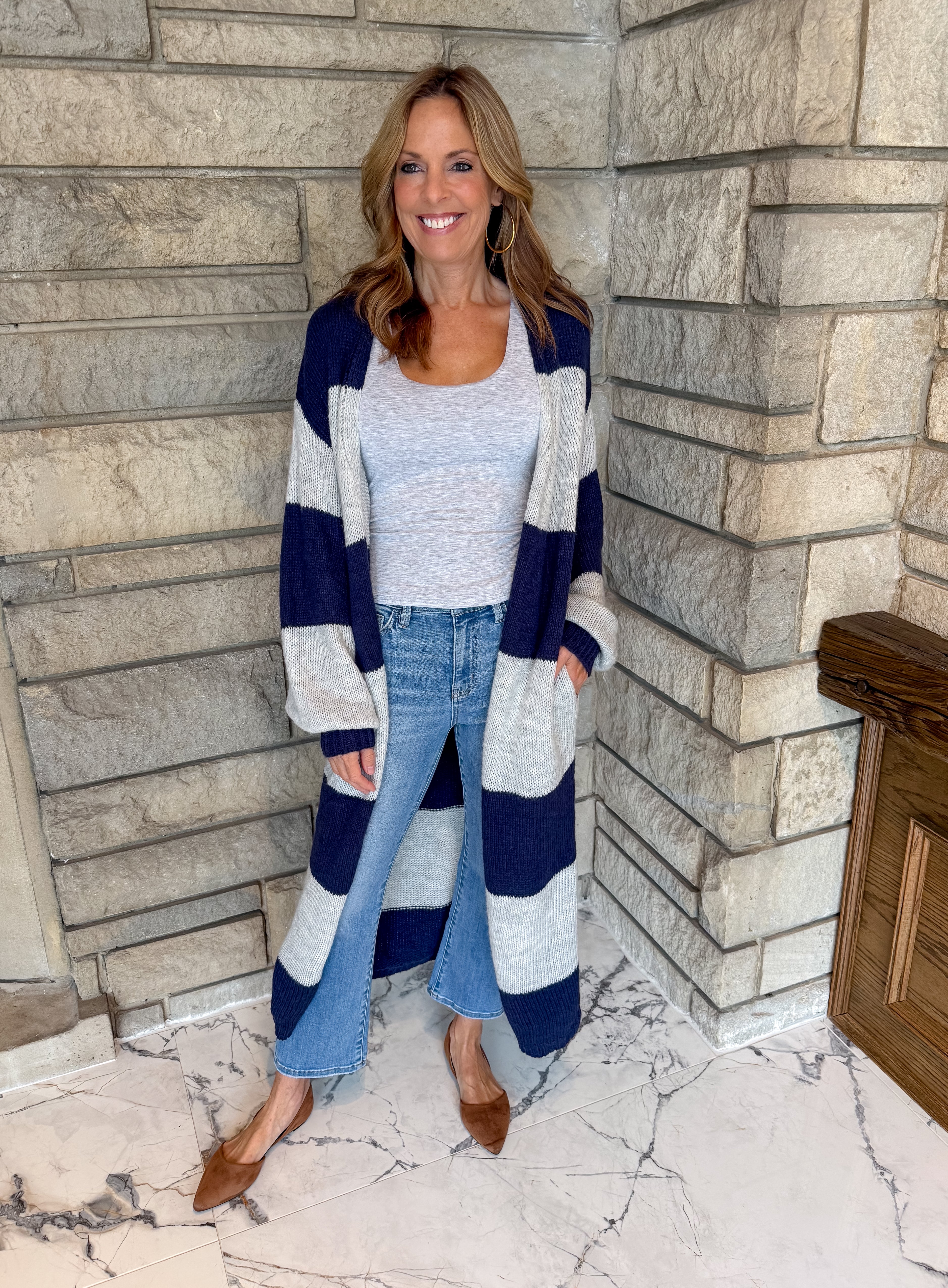 Navy and heather gray stripe long open cardigan
