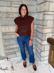 brown cap sleeve ribbed turtleneck sweater shorter length