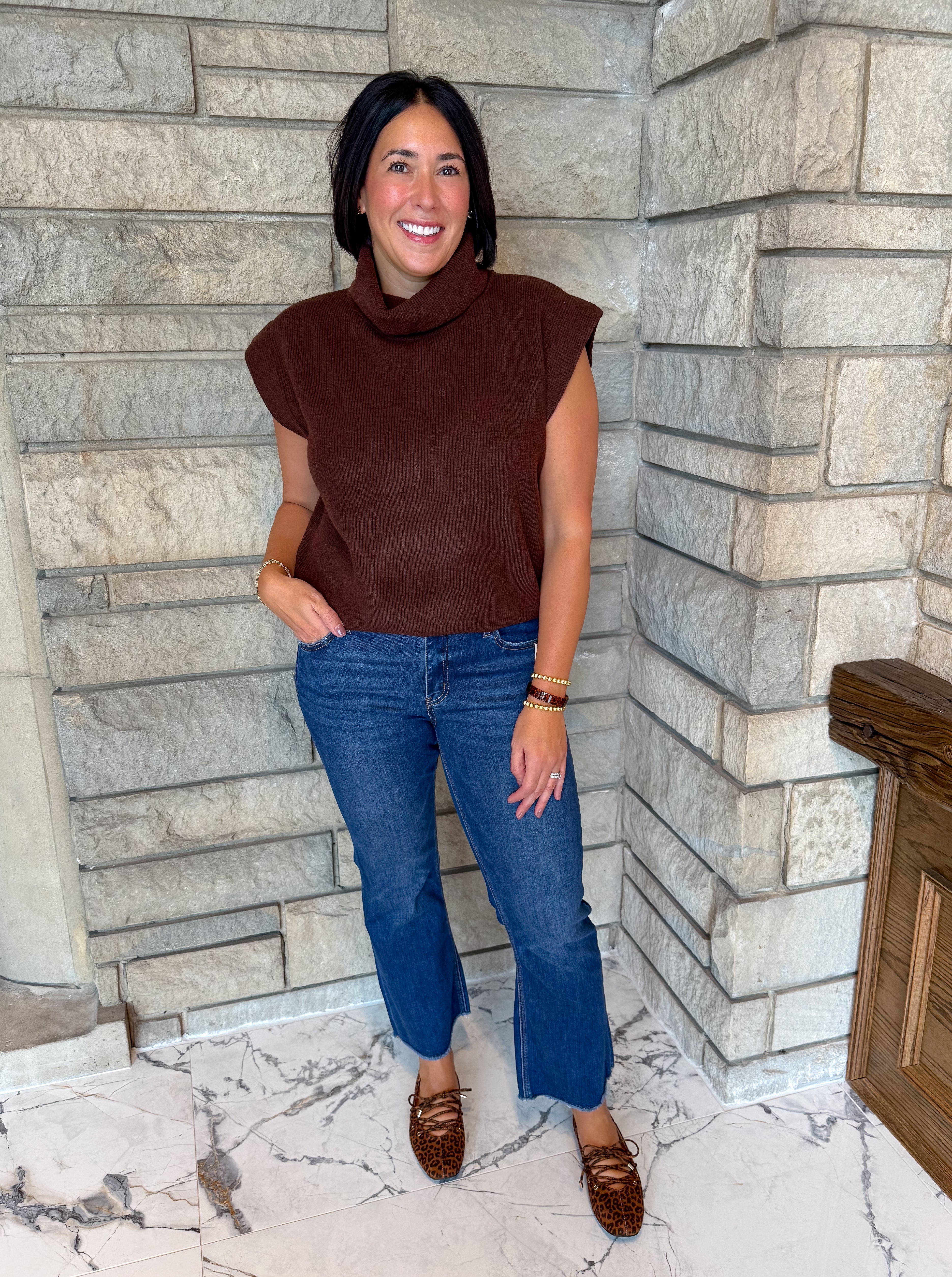 brown cap sleeve ribbed turtleneck sweater shorter length