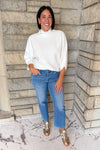 off white textured stripe mock neck top 3/4 dolman sleeves