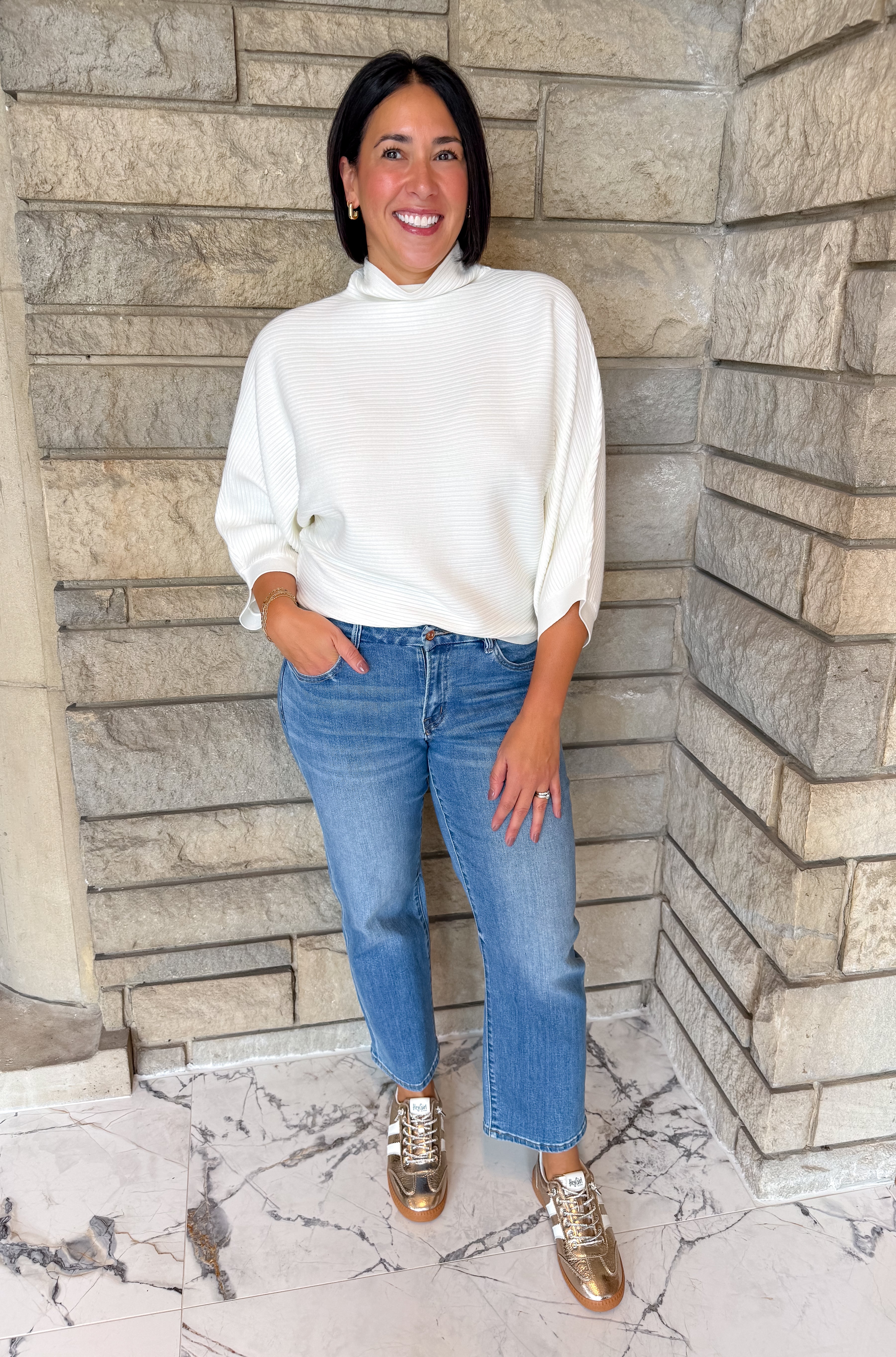 off white textured stripe mock neck top 3/4 dolman sleeves