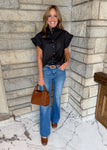 black short sleeve button front top mini ruffle trim, neck and cuffs