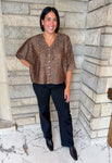 Brown with black leopard printed blouse v neck buttons short dolman sleeves short boxy fit