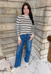 Oatmeal/gray/brown striped long sleeve button cardigan with multi color velvet button closure crew neck
