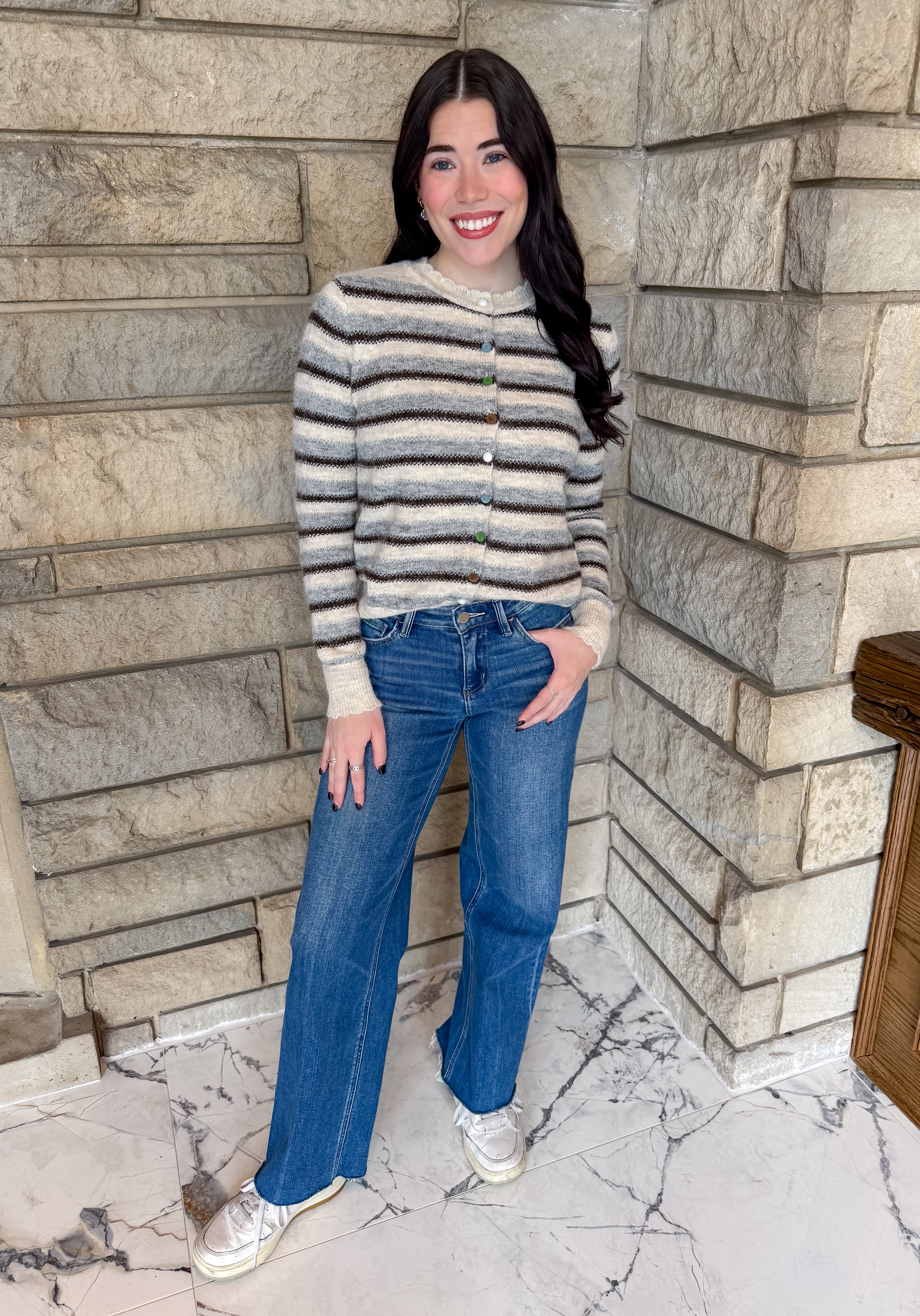 Oatmeal/gray/brown striped long sleeve button cardigan with multi color velvet button closure crew neck