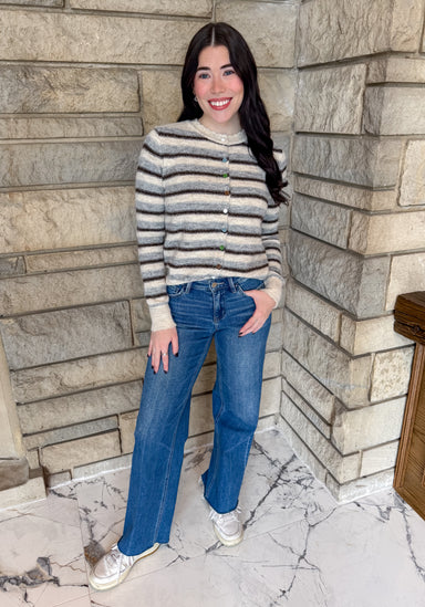 Oatmeal/gray/brown striped long sleeve button cardigan with multi color velvet button closure crew neck