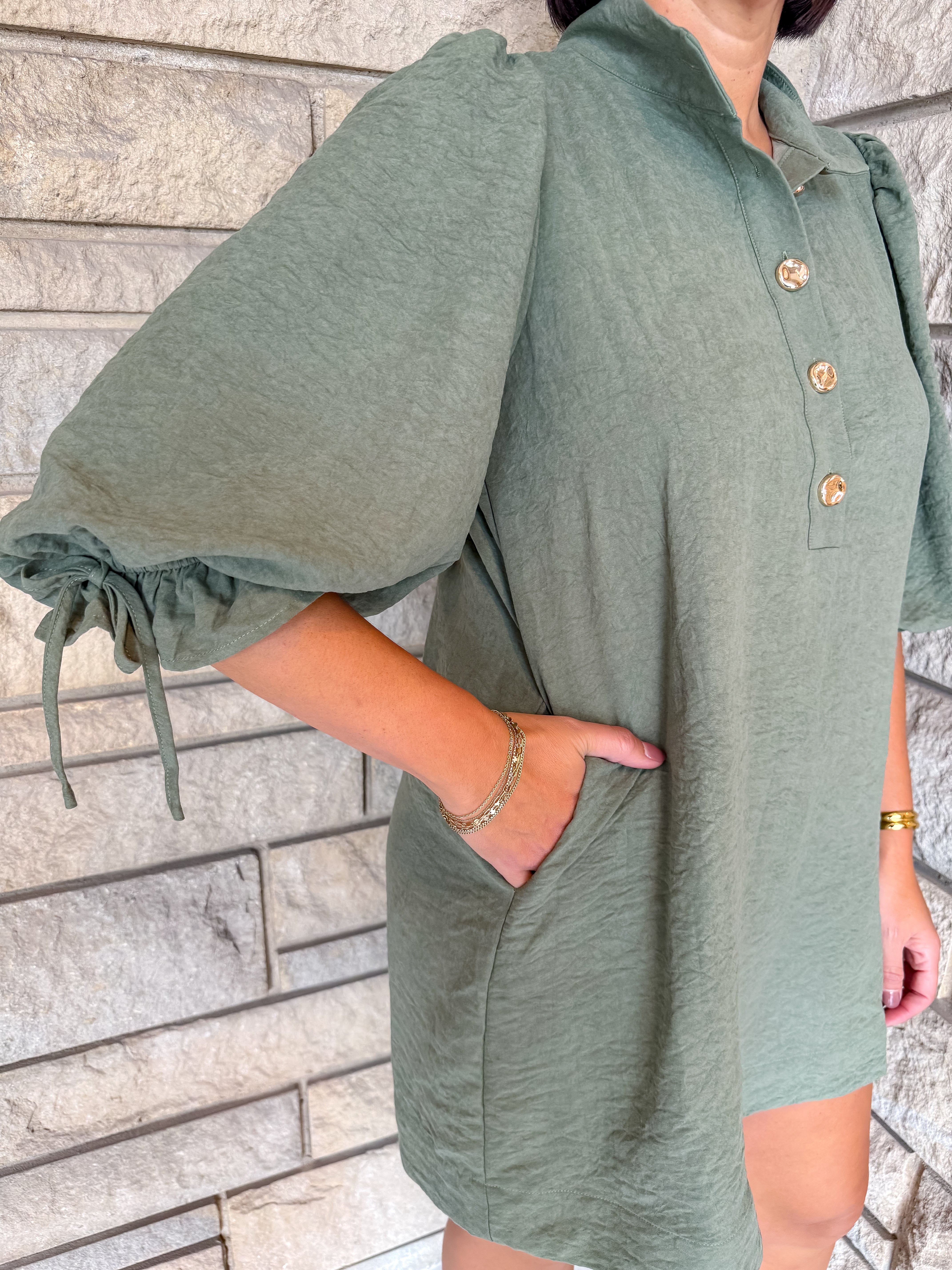 Tammy Gold Button Balloon Sleeve Dress