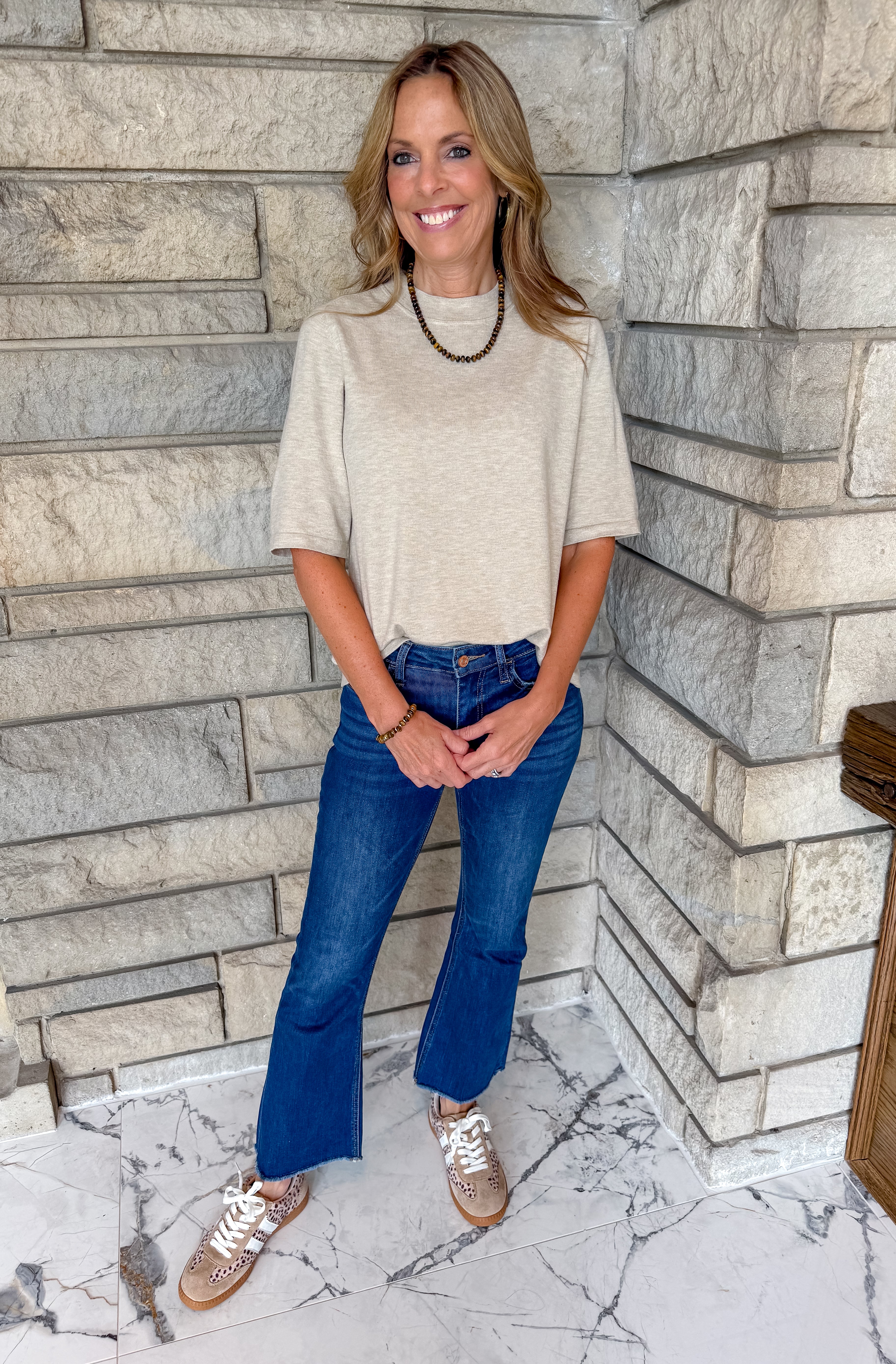 Oatmeal color crewneck short sleeve fine knit sweater