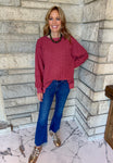 burgundy waffle long sleeve top banded cuff and split hem crew neck loose fit
