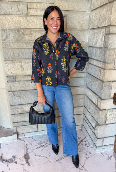 black floral blouse collar v neck large pearl closure 3/4 sleeves