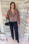 brown leopard faux fur jacket collar lapel button closure medium length 