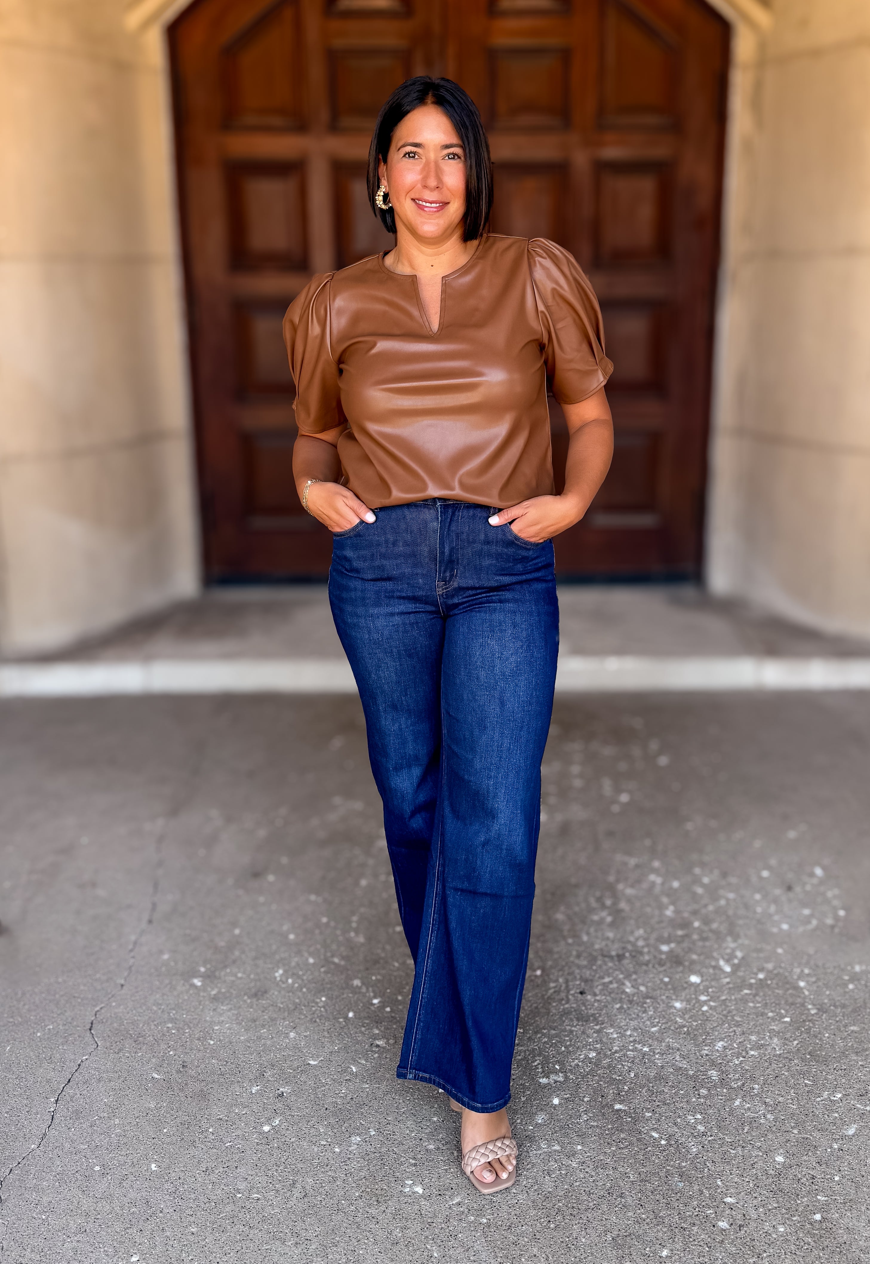 Lisa Split-V Puff Leather Top FINAL SALE