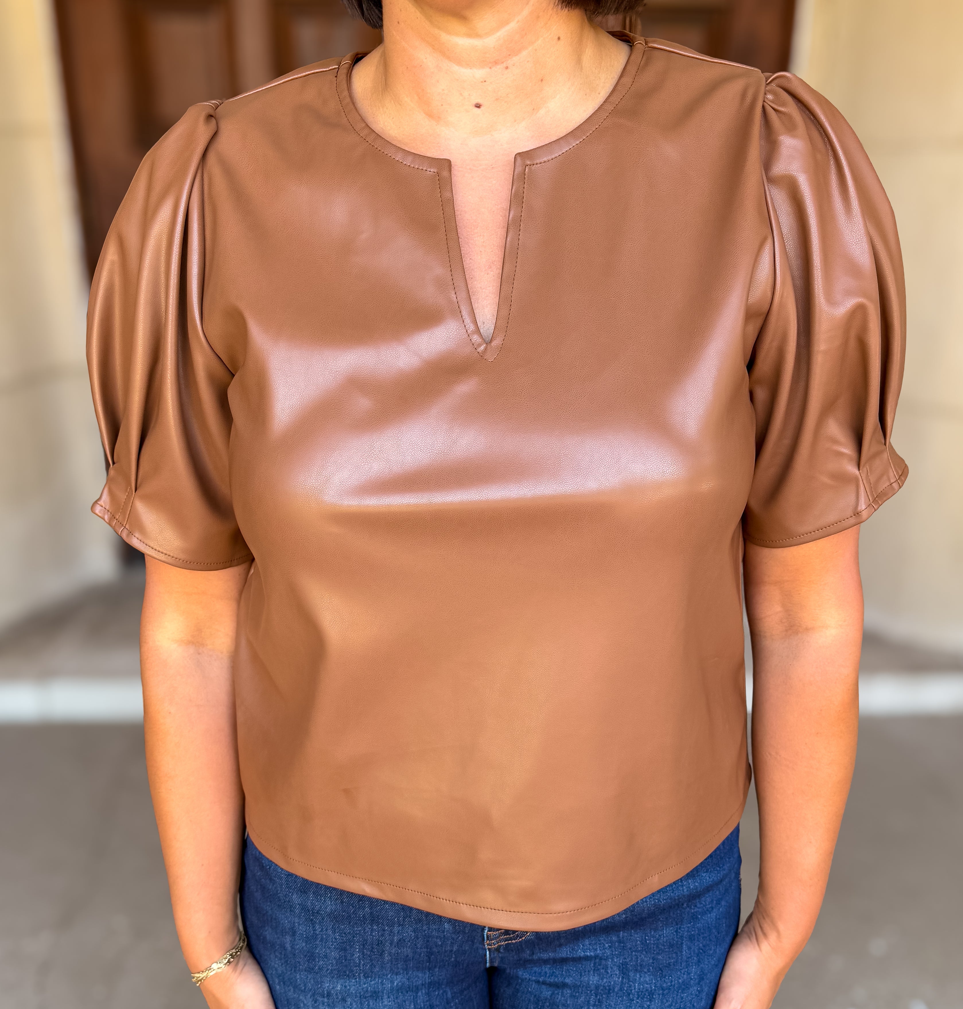 Lisa Split-V Puff Leather Top FINAL SALE