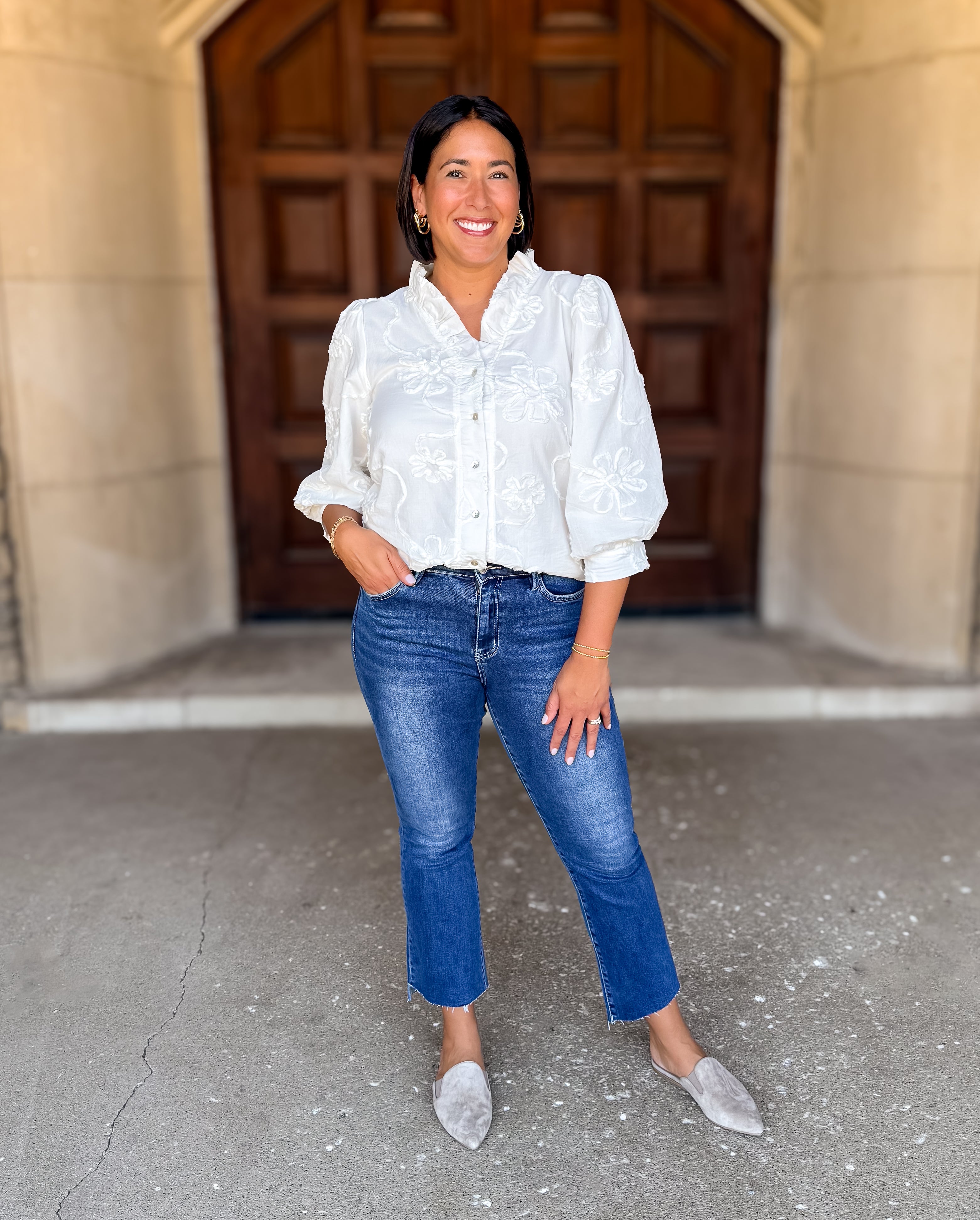 Aster Floral Applique Ruffle Top