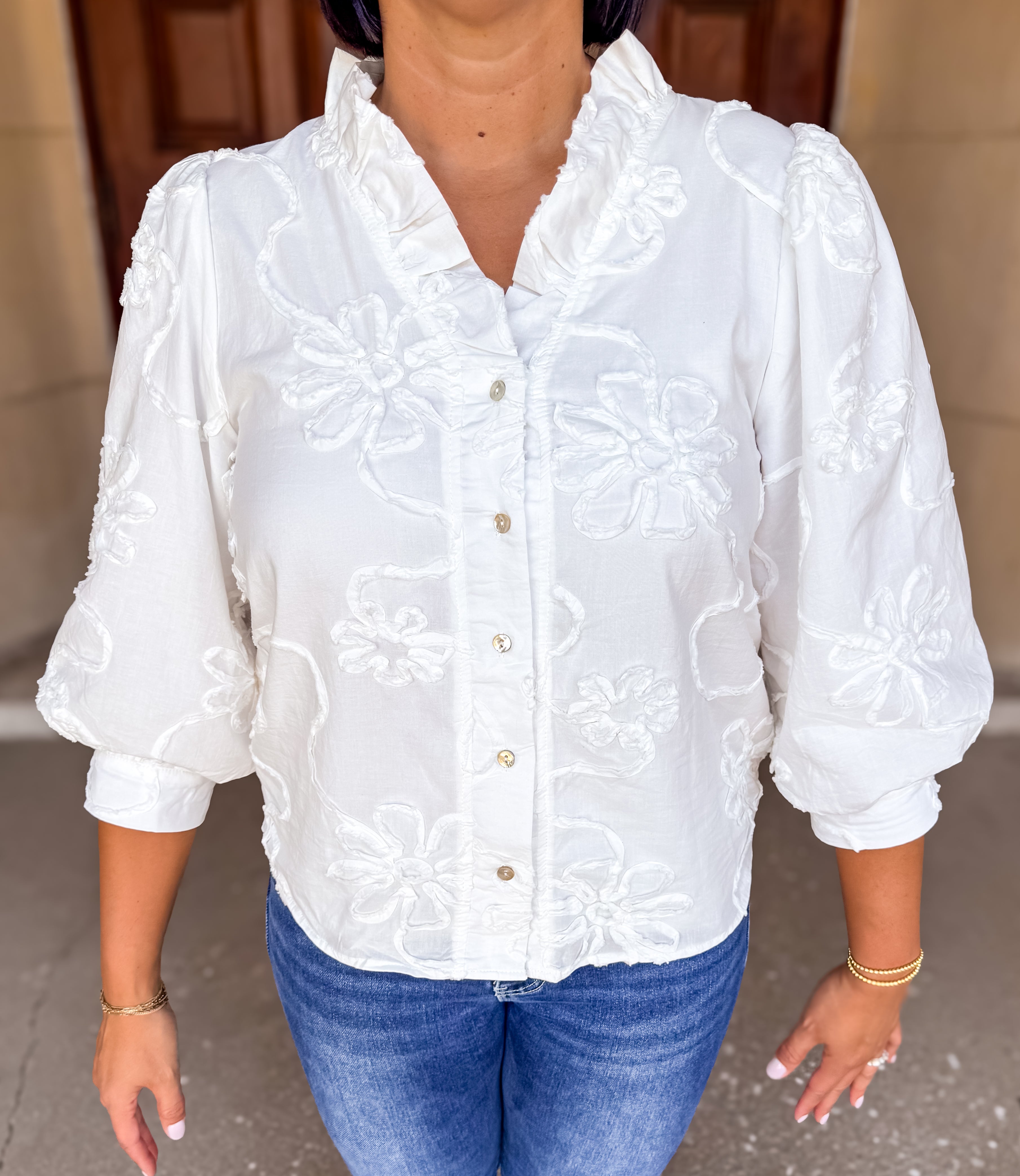 Aster Floral Applique Ruffle Top