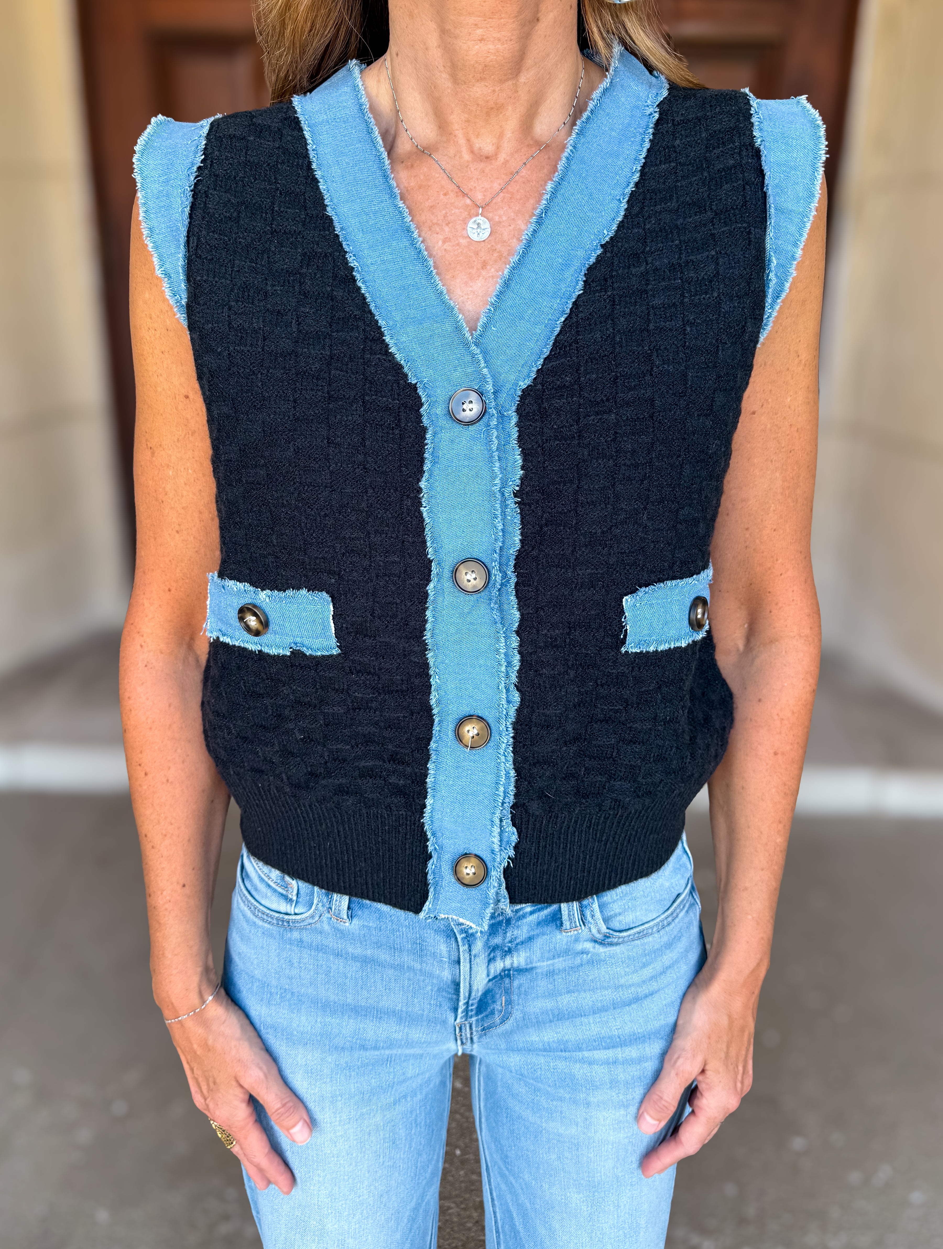 Mindy Denim Trim Knit Vest FINAL SALE