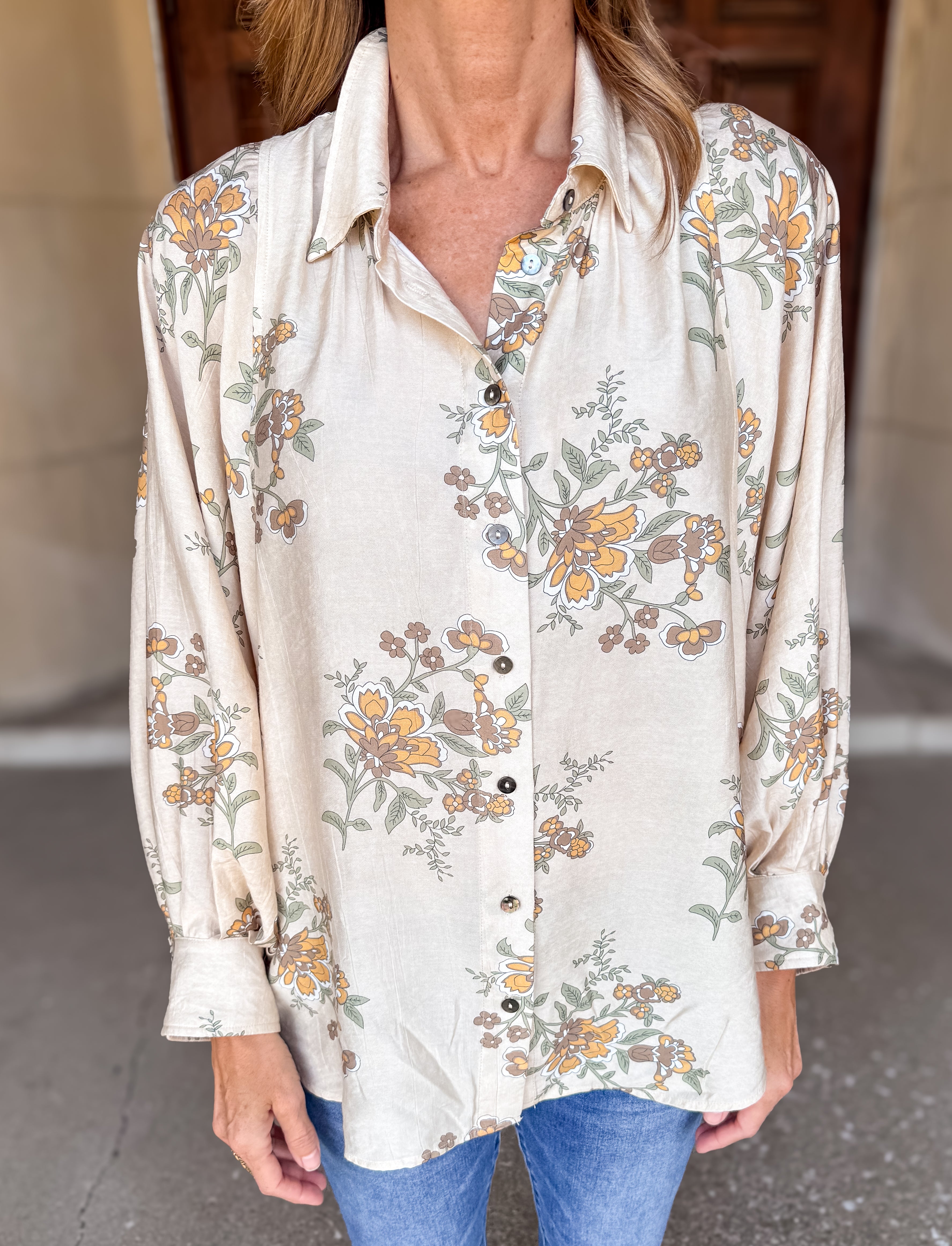 Zinnia Floral Peasant Button Top