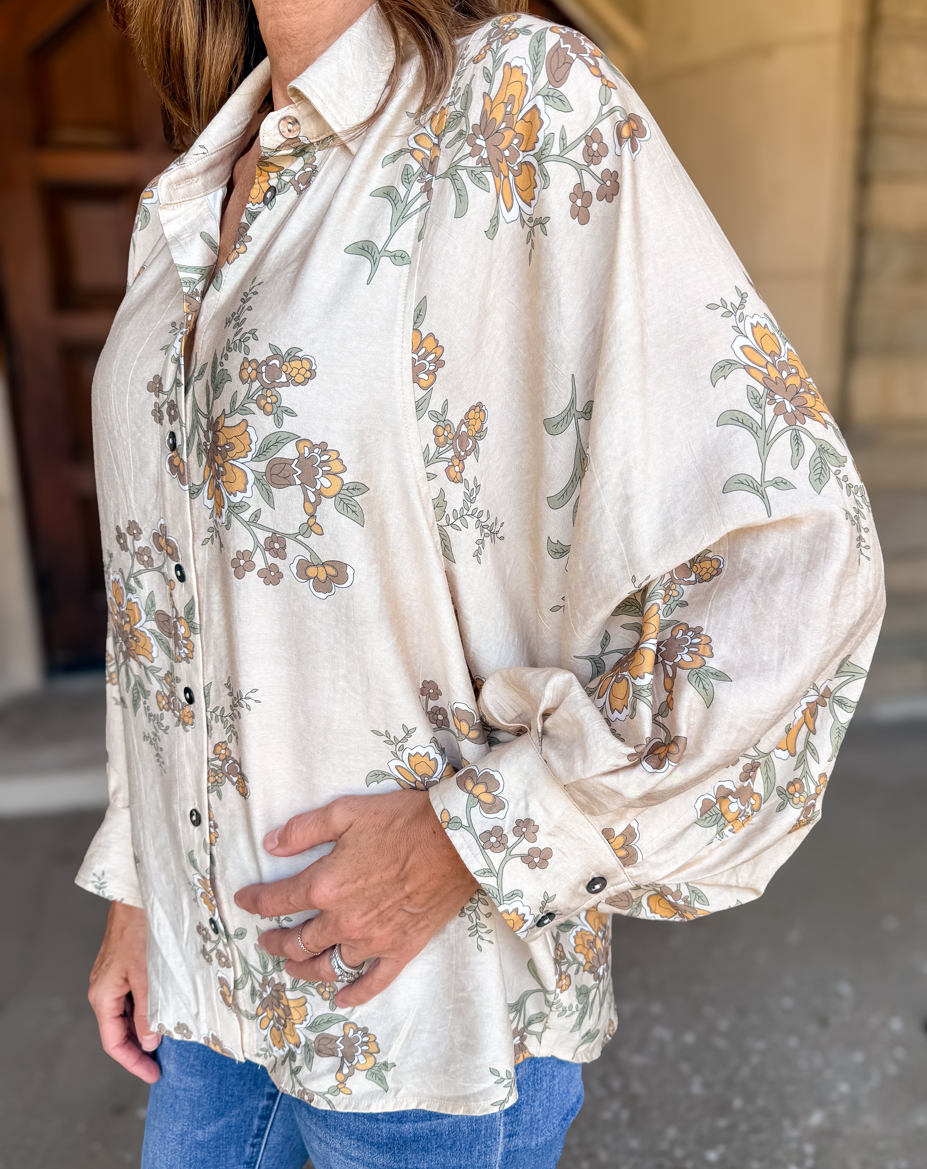 Zinnia Floral Peasant Button Top